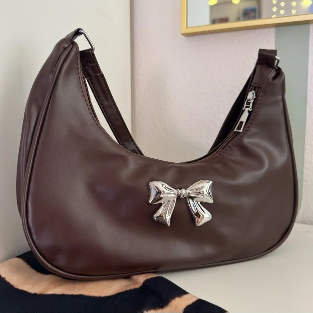 Brown Faux Leather Shoulder Bag with Silver Bow Detail | Coquette | NWOT